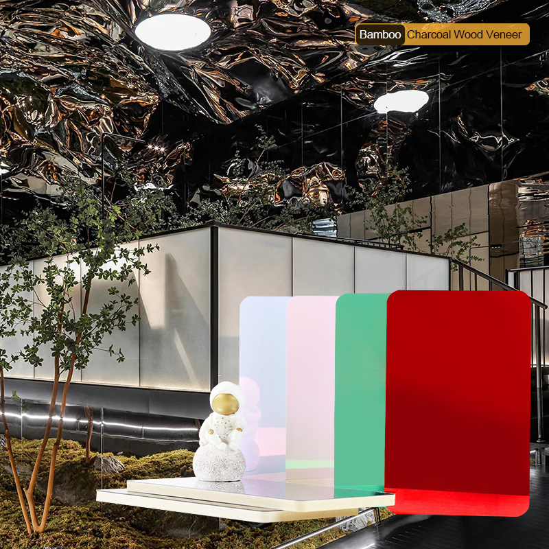 Popular Design Bamboo Charcoal Wood Veneer PVC Mirror Wall Panels Waterproof Interior Decorative For Commercial Space
